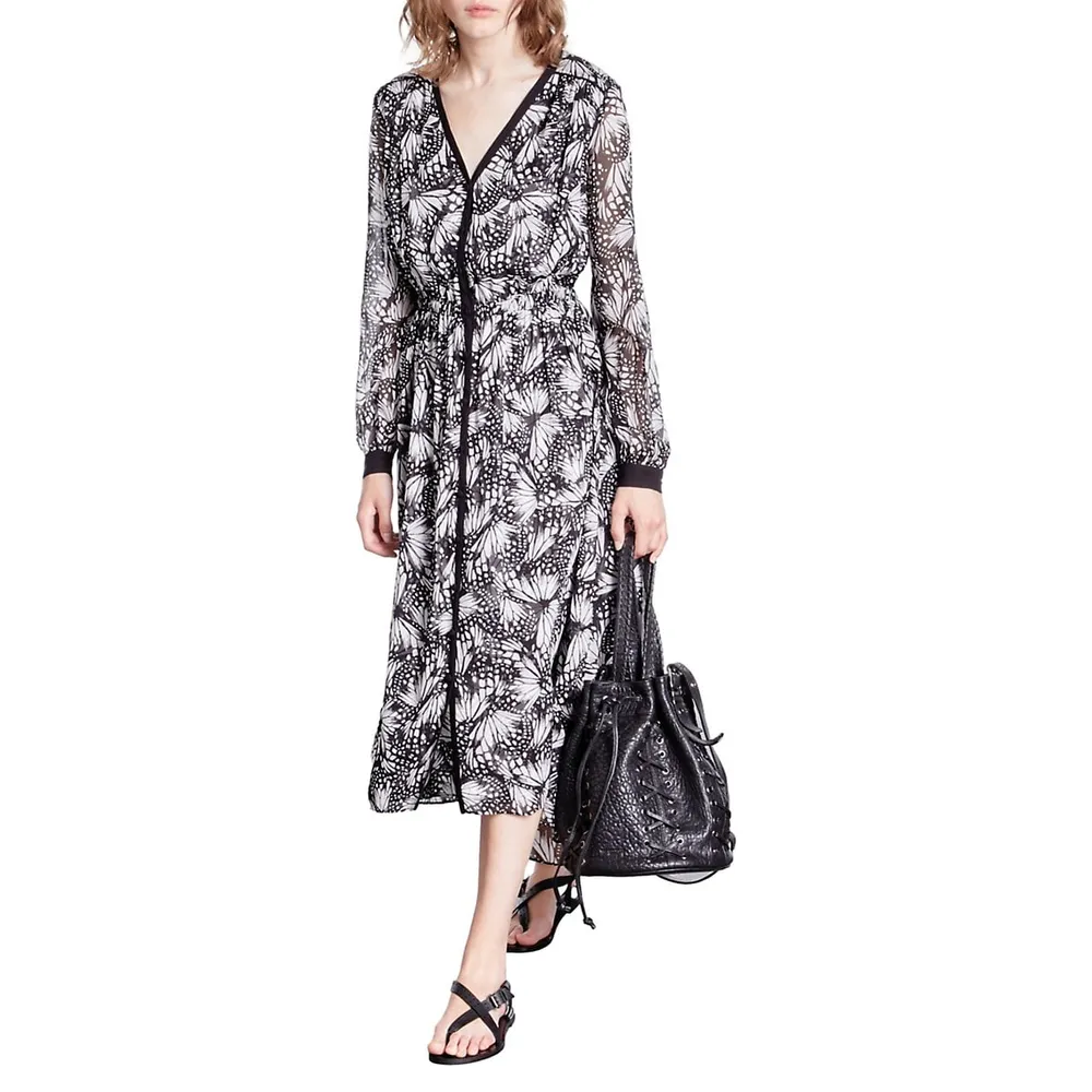 Butterfly-Print V-Neck Button Midi Dress