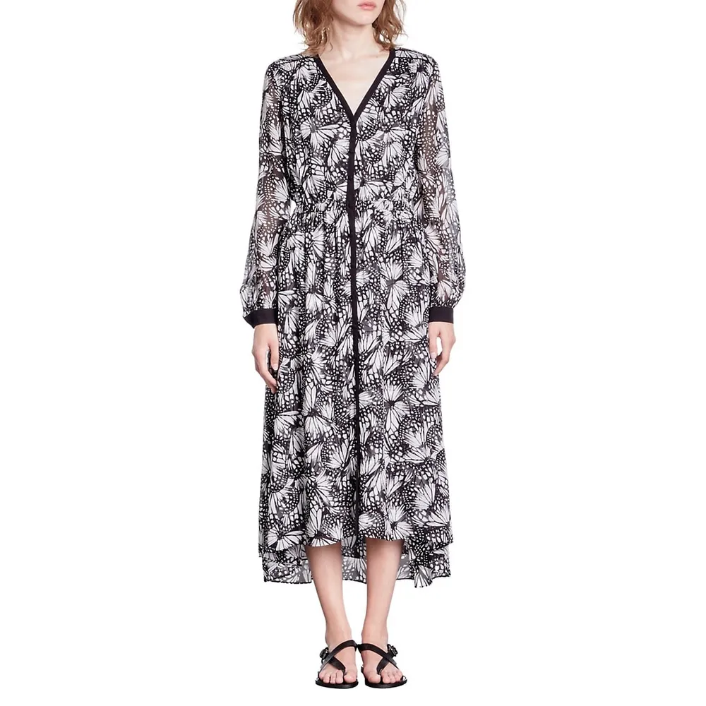 Butterfly-Print V-Neck Button Midi Dress