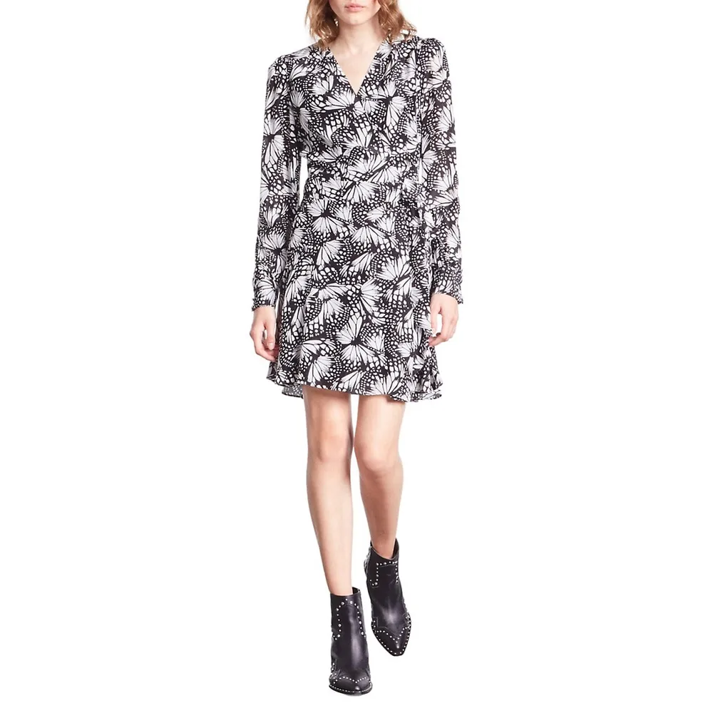 Butterfly-Print Mini Wrap Dress