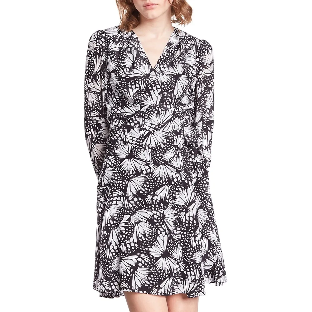 Butterfly-Print Mini Wrap Dress