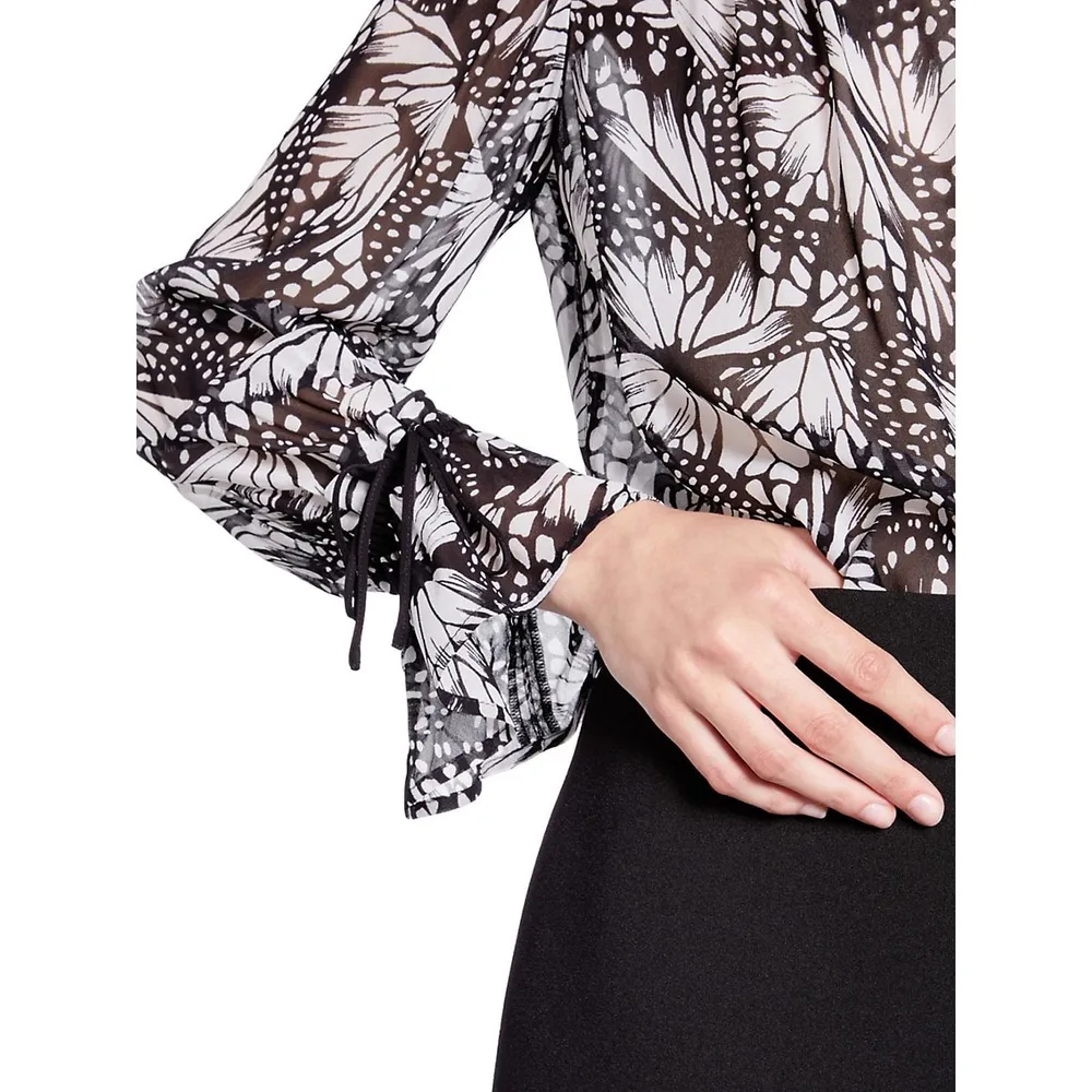 Butterfly-Print Trimmed Illusion Blouse