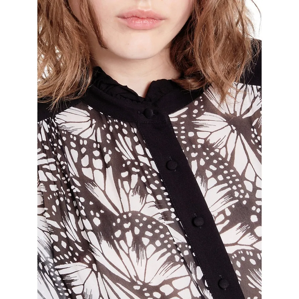 Butterfly-Print Trimmed Illusion Blouse