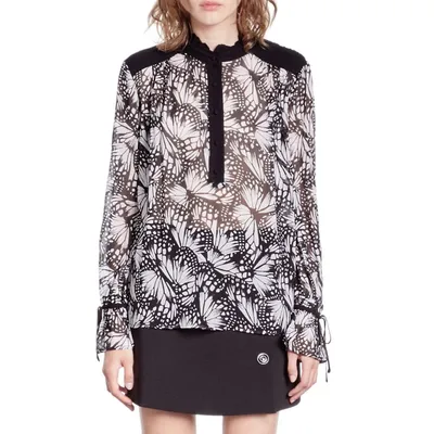 Butterfly-Print Trimmed Illusion Blouse