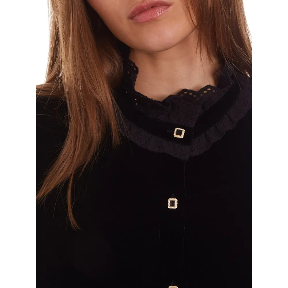 Embroidered-Collar Velvet Shirt