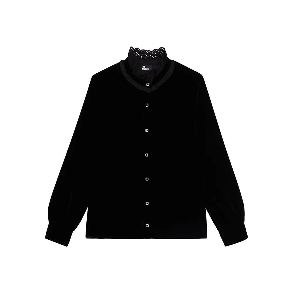 Embroidered-Collar Velvet Shirt