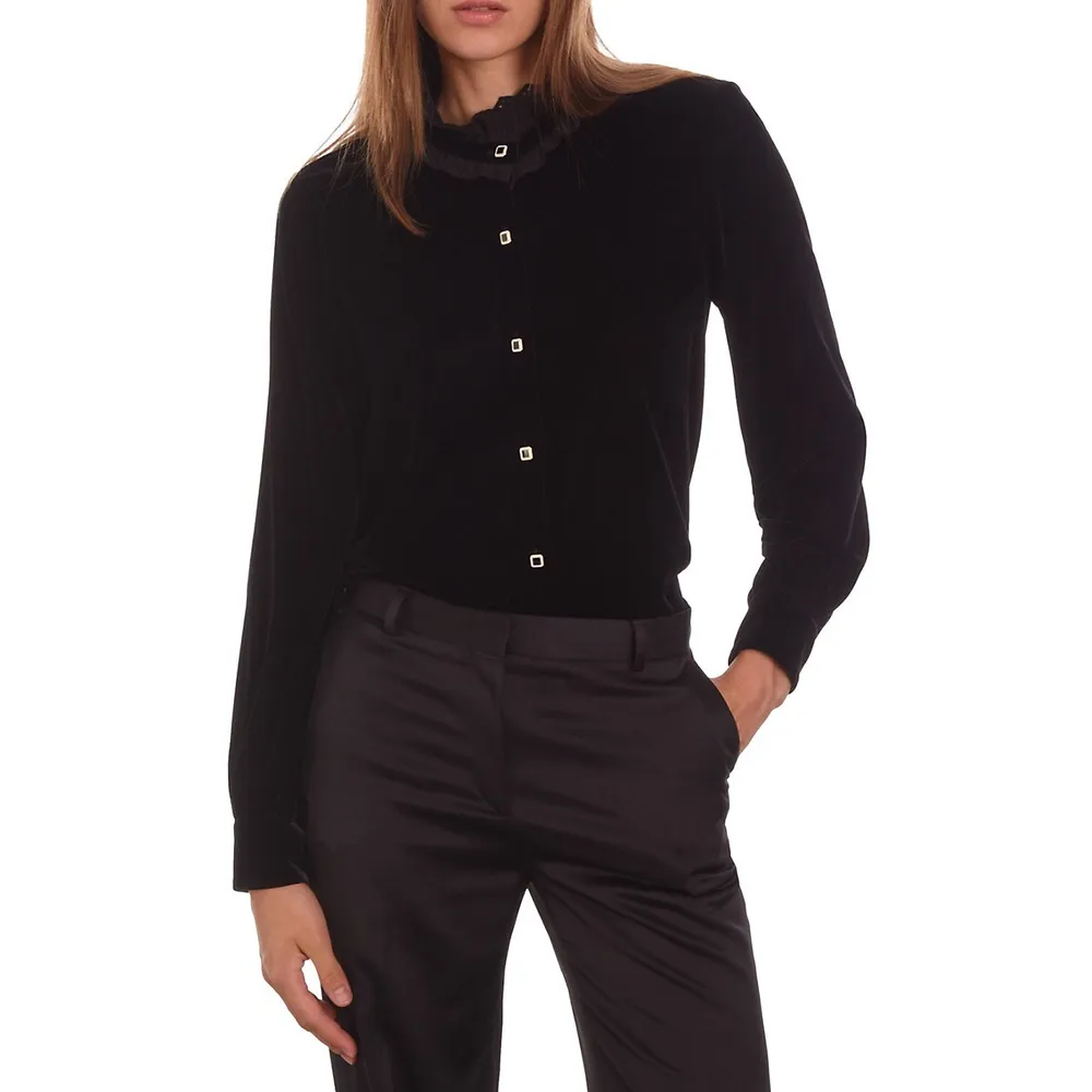 Embroidered-Collar Velvet Shirt