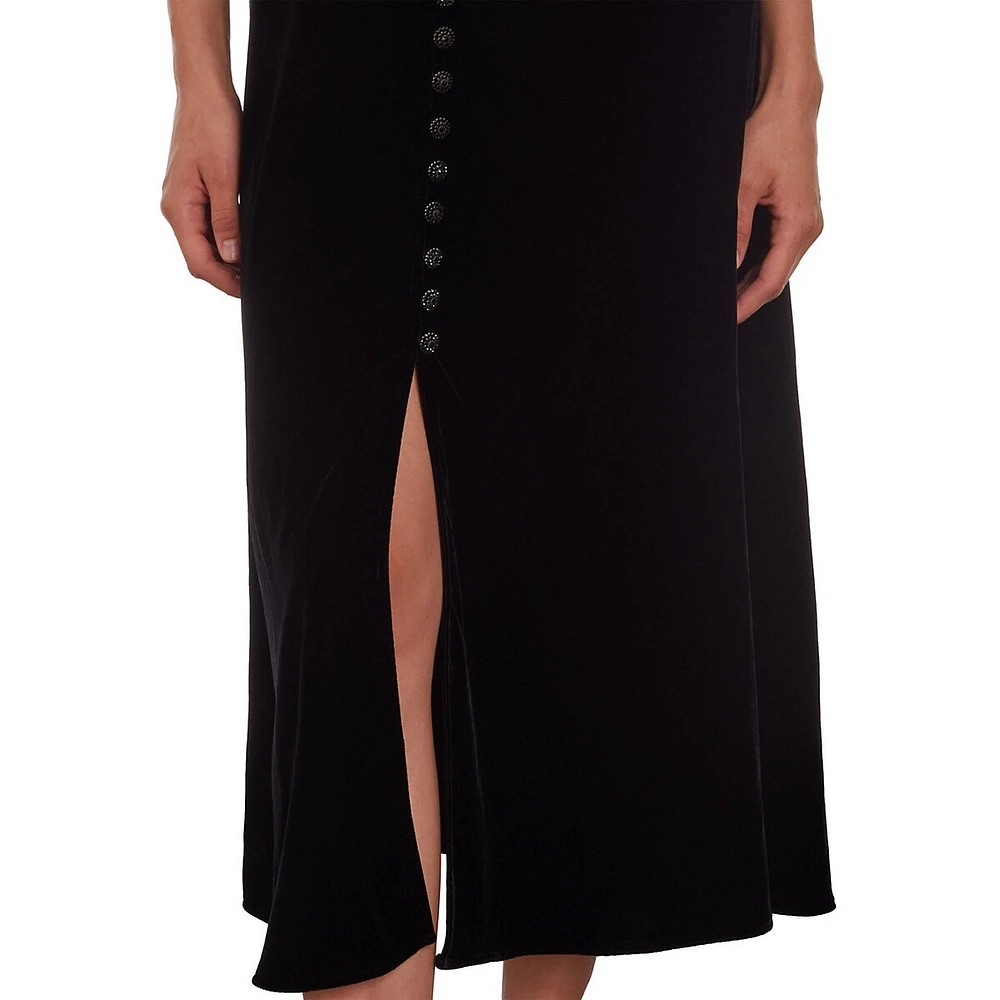 V-Neck Jeweled-Button Velvet Midi Dress