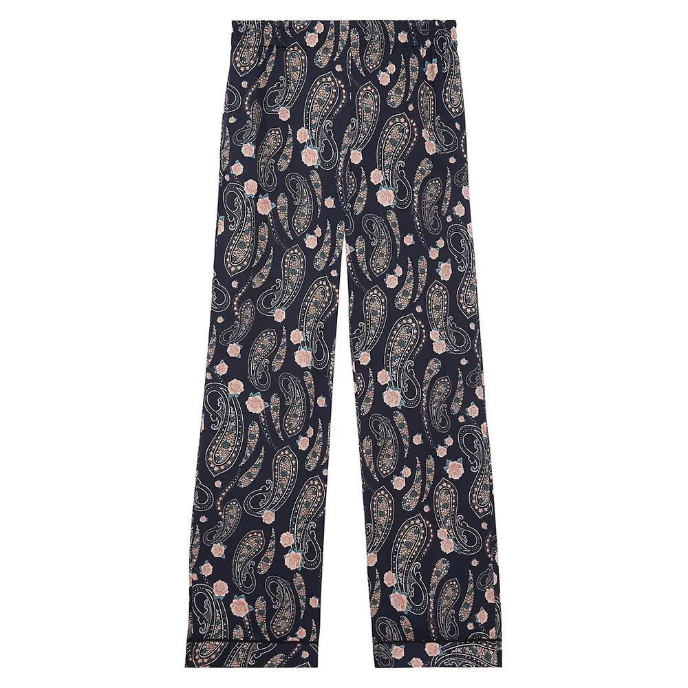 Paisley Floral-Print Pull-On Pants