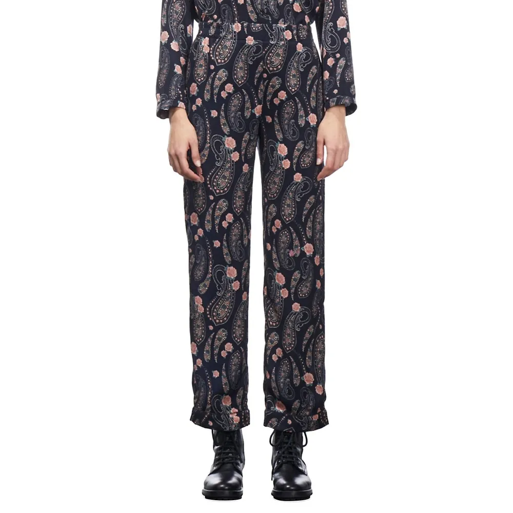 Paisley Floral-Print Pull-On Pants