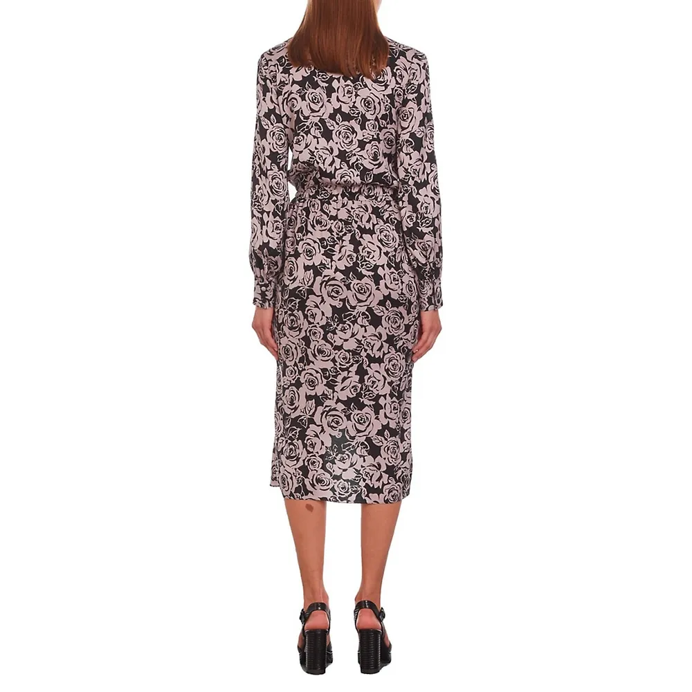 Floral-Print Long-Sleeve Collared Midi Dress