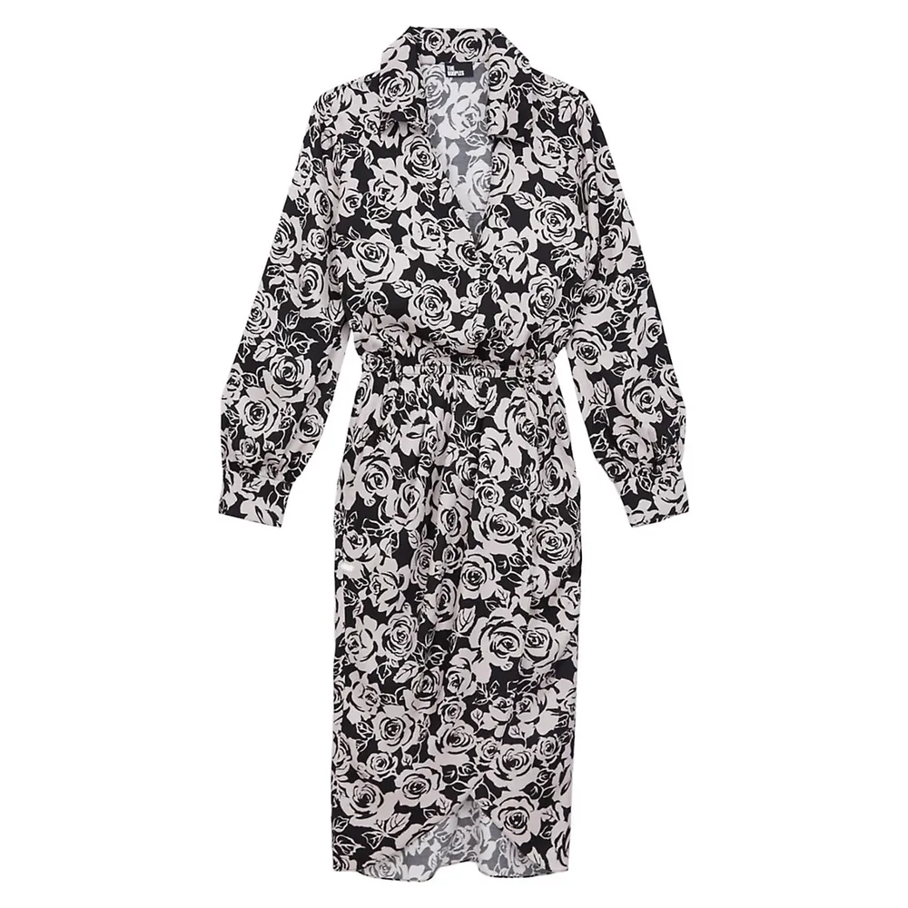 Floral-Print Long-Sleeve Collared Midi Dress