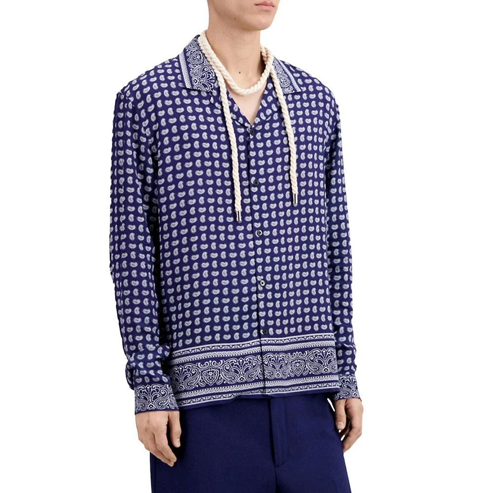 Paisley Border Long-Sleeve Viscose Camp Shirt