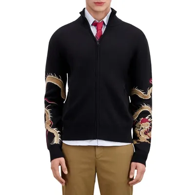 Dragon Embroidered Wool-Blend Zip-Up Cardigan