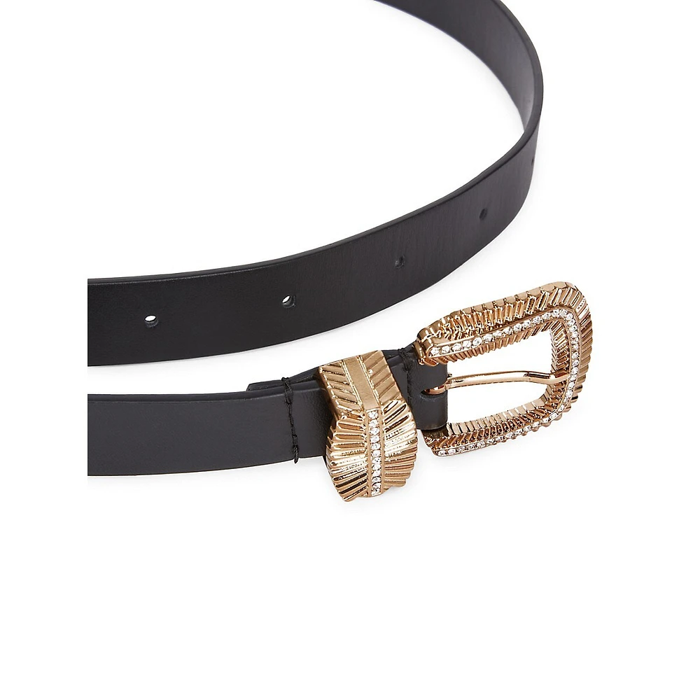 Leather Belt With Etched Goldtone Buckle & Rhinestones