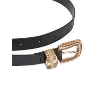 Leather Belt With Etched Goldtone Buckle & Rhinestones