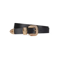 Leather Belt With Etched Goldtone Buckle & Rhinestones