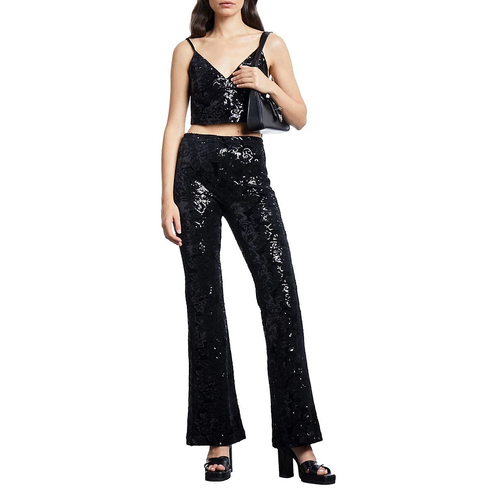 High-Waist Flared-Leg Sequin-Patterned Velvet Pants