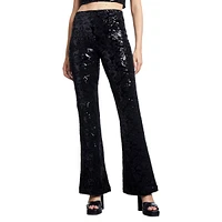 High-Waist Flared-Leg Sequin-Patterned Velvet Pants