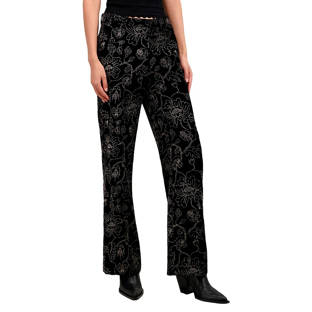 High-Waist Straight-Leg Glitter Velvet Pants