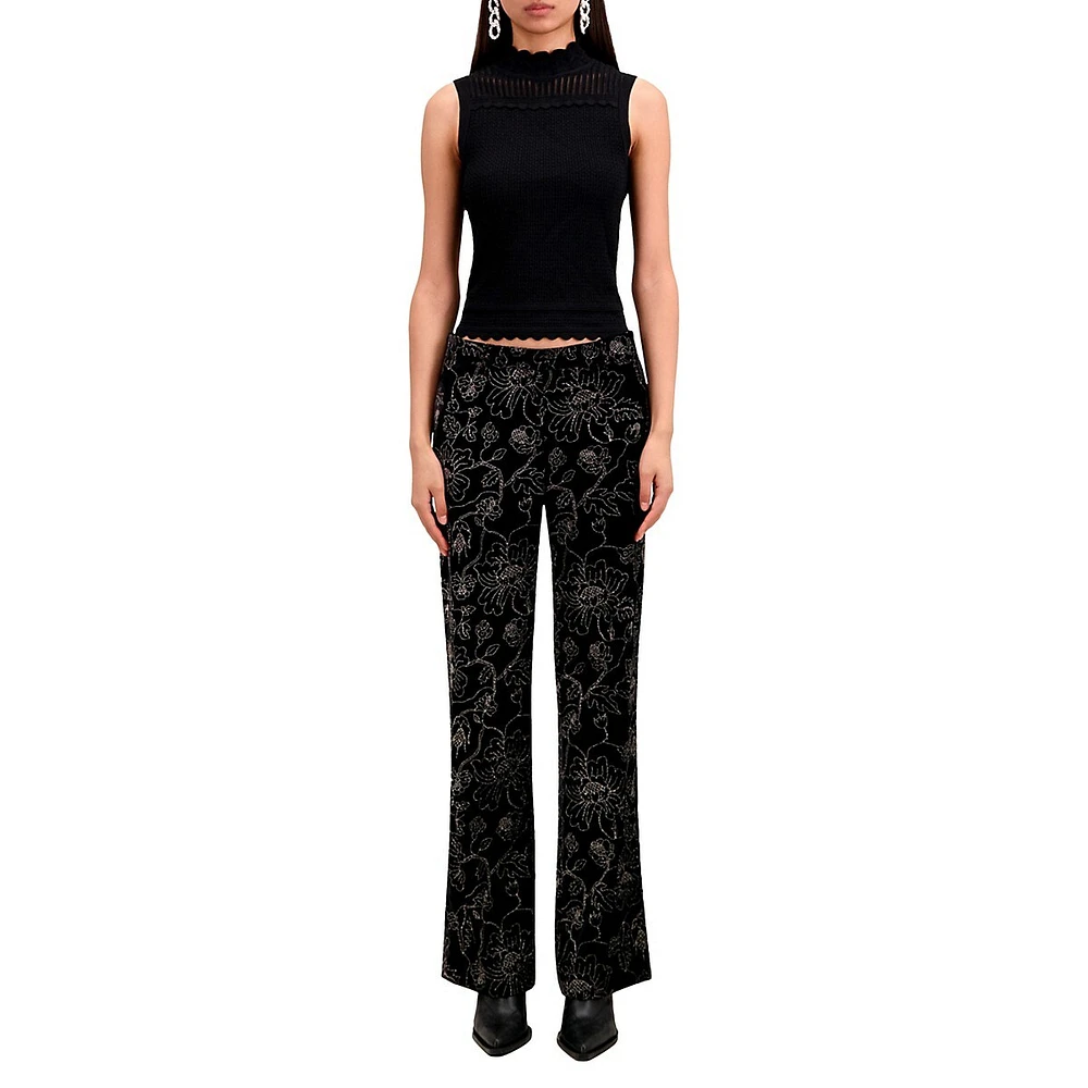 High-Waist Straight-Leg Glitter Velvet Pants