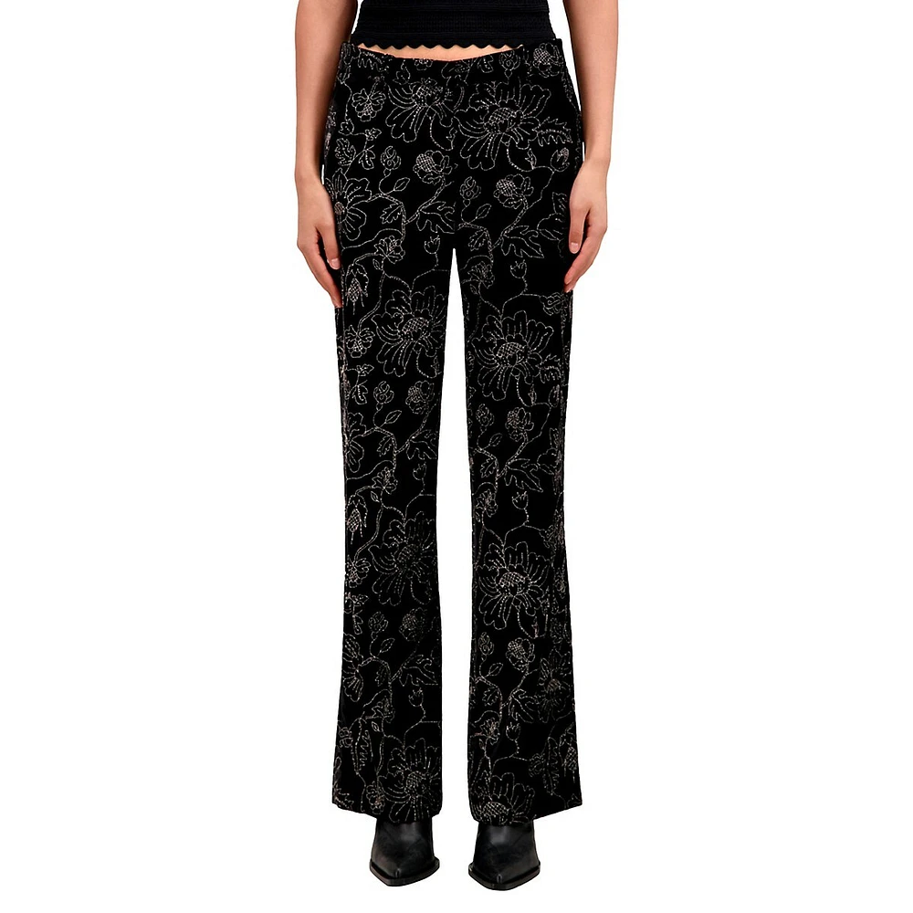 High-Waist Straight-Leg Glitter Velvet Pants