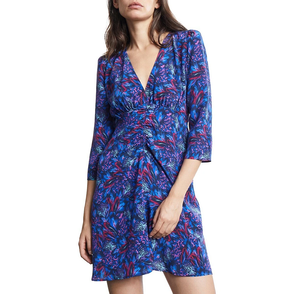 Shirred Silk Feather-Print Dress