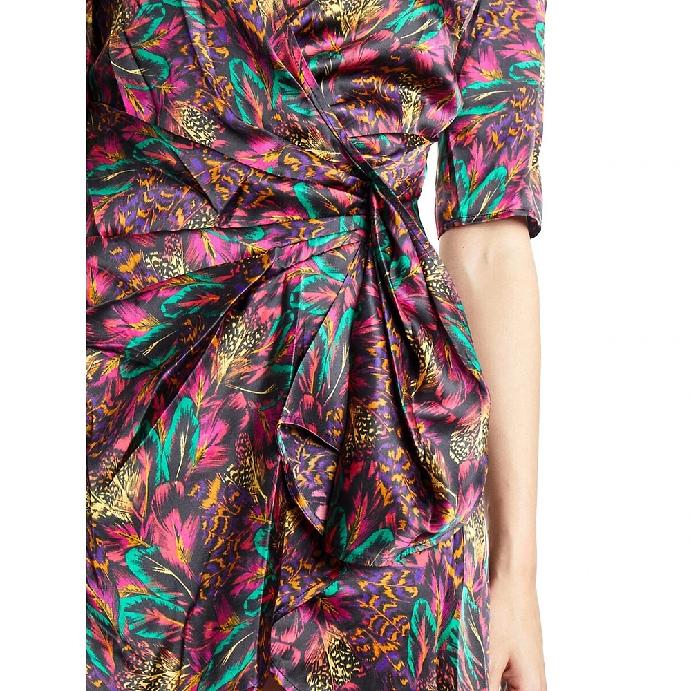 Silk Feather-Print Wrap Dress
