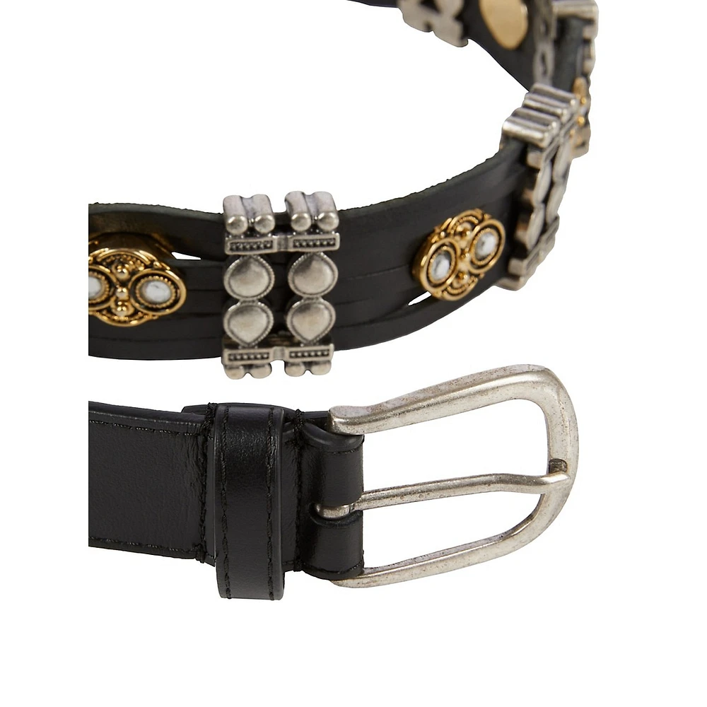 Two-Tone Metalwork Embellished Leather Belt