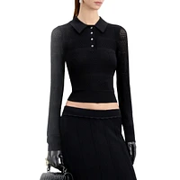 Long-Sleeve Openwork Knit Cropped Polo Shirt