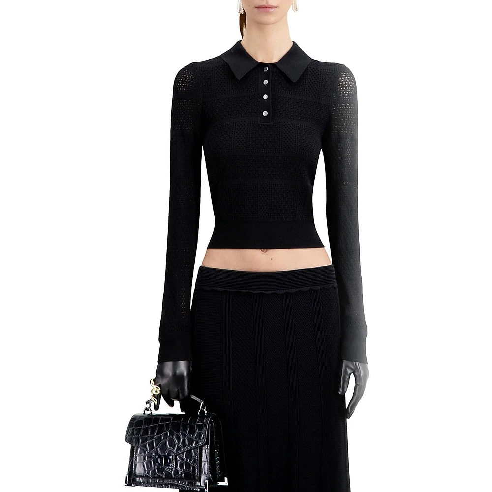 Long-Sleeve Openwork Knit Cropped Polo Shirt