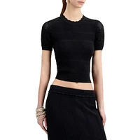 Short-Sleeve Openwork Knit Cropped Sweater