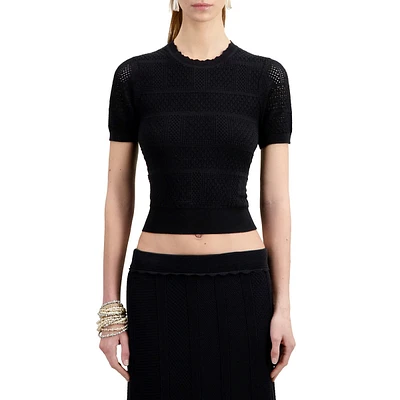 Short-Sleeve Openwork Knit Cropped Sweater