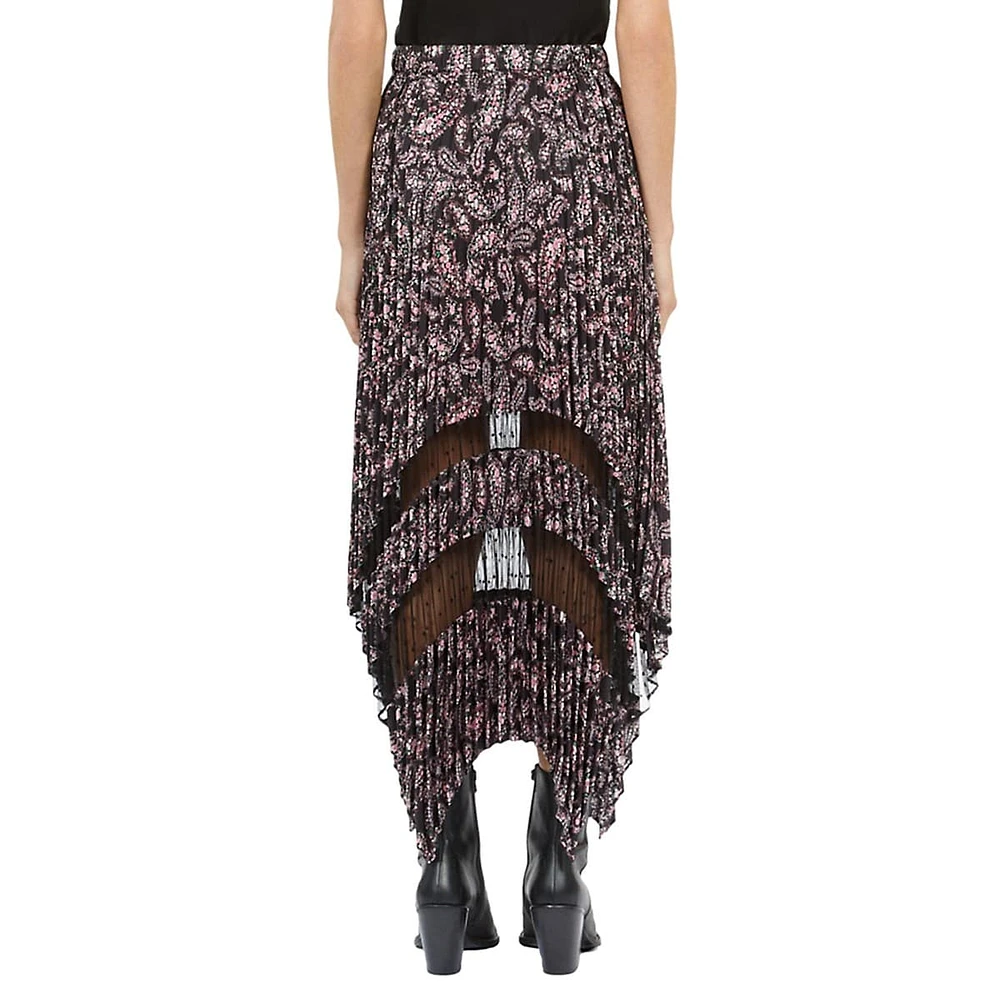 Printed Sheer-Insert Pleated Assymetric Skirt