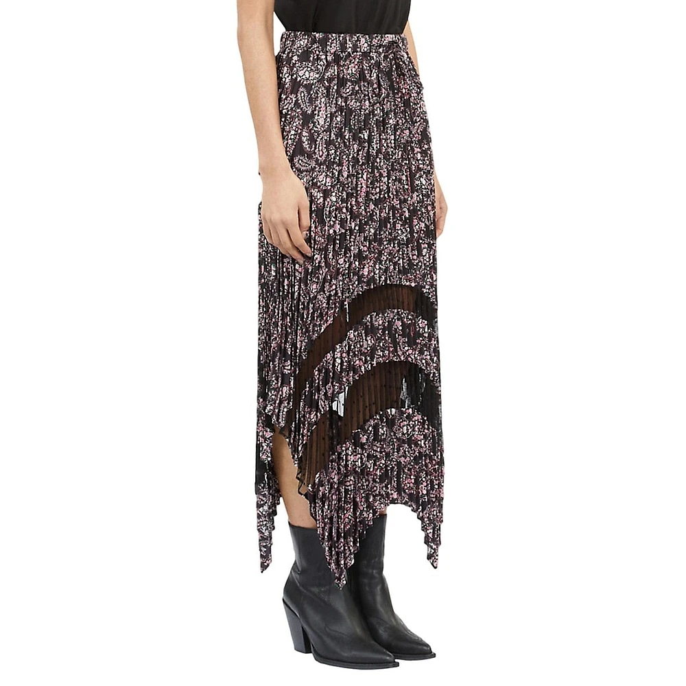 Printed Sheer-Insert Pleated Assymetric Skirt