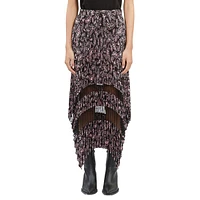 Printed Sheer-Insert Pleated Assymetric Skirt