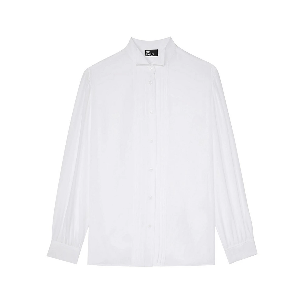 Silk Tuxedo-Collar Pleated Shirt