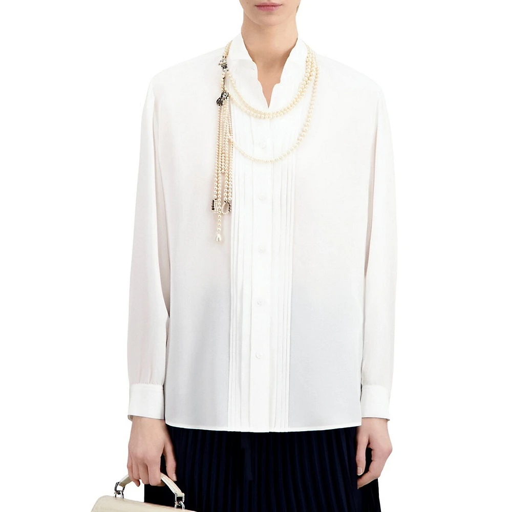 Silk Tuxedo-Collar Pleated Shirt