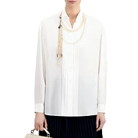 Silk Tuxedo-Collar Pleated Shirt