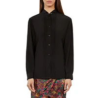 Silk Tuxedo-Collar Pleated Shirt