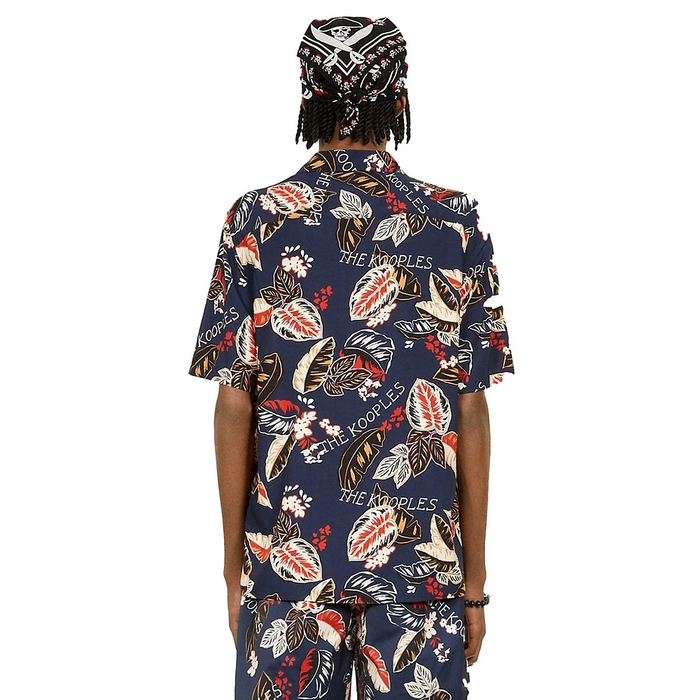 Multicolour Leaf-Print Short-Sleeve Camp Shirt