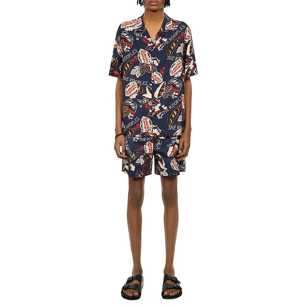 Multicolour Leaf-Print Short-Sleeve Camp Shirt