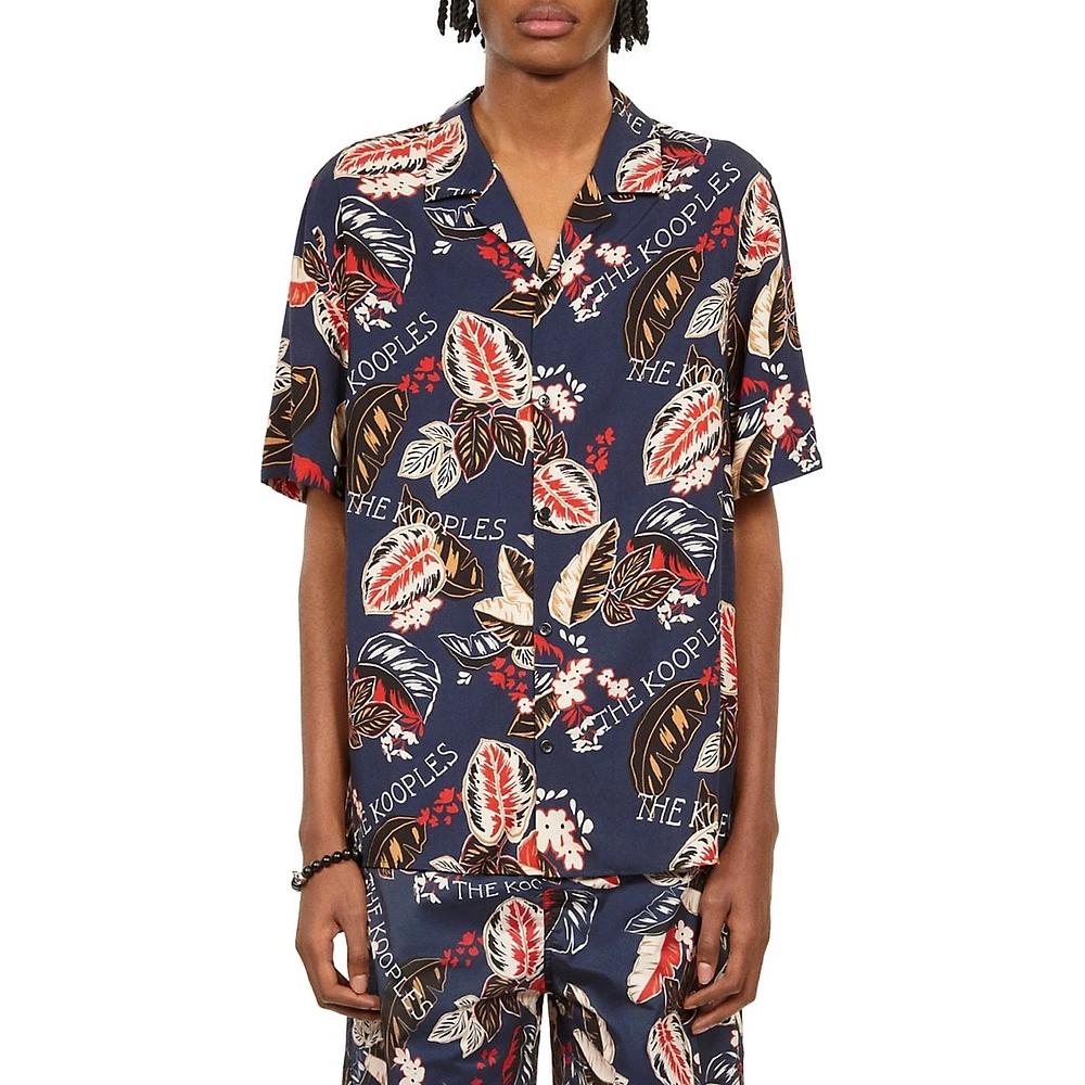 Multicolour Leaf-Print Short-Sleeve Camp Shirt