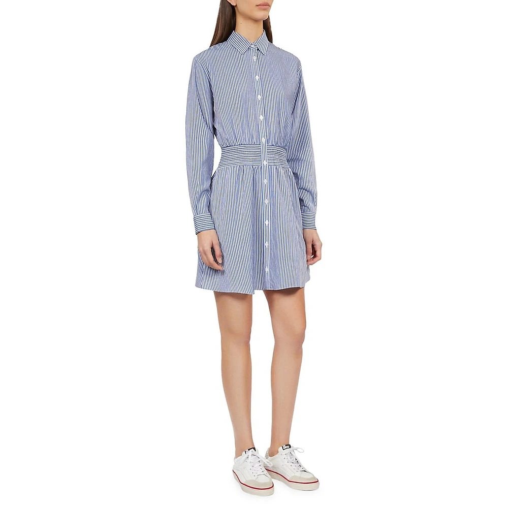 Striped Smocked-Waist Mini Shirtdress