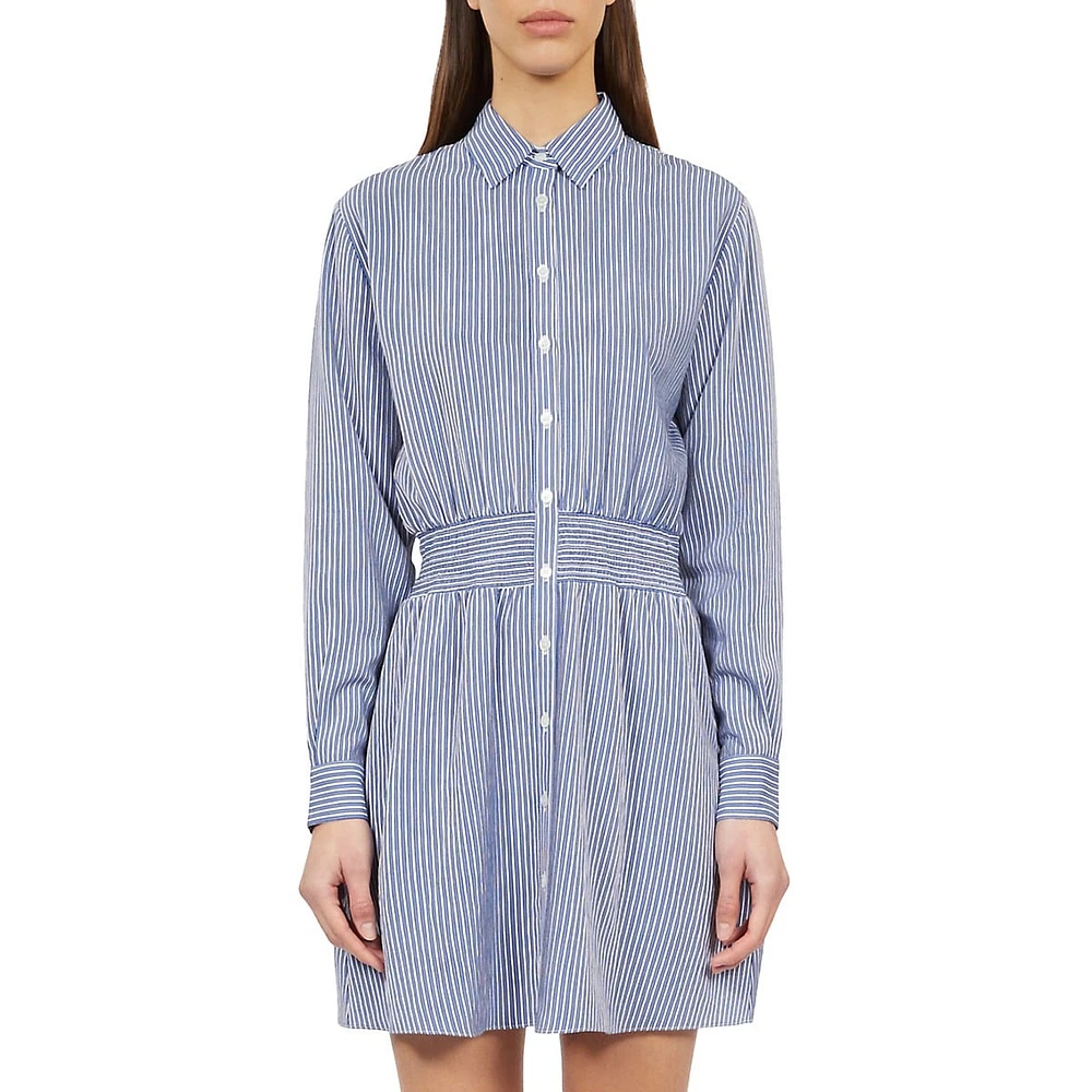 Striped Smocked-Waist Mini Shirt Dress