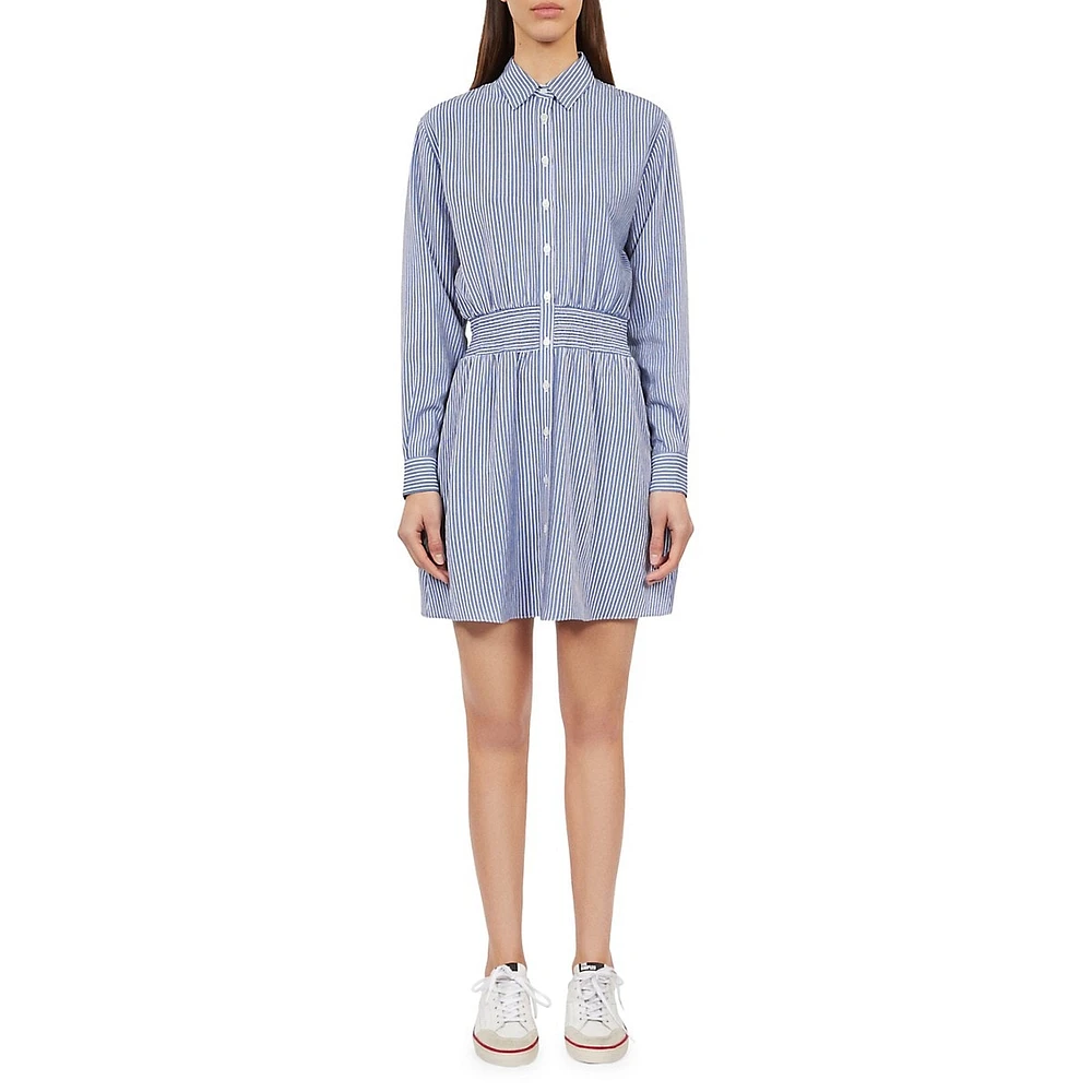 Striped Smocked-Waist Mini Shirtdress