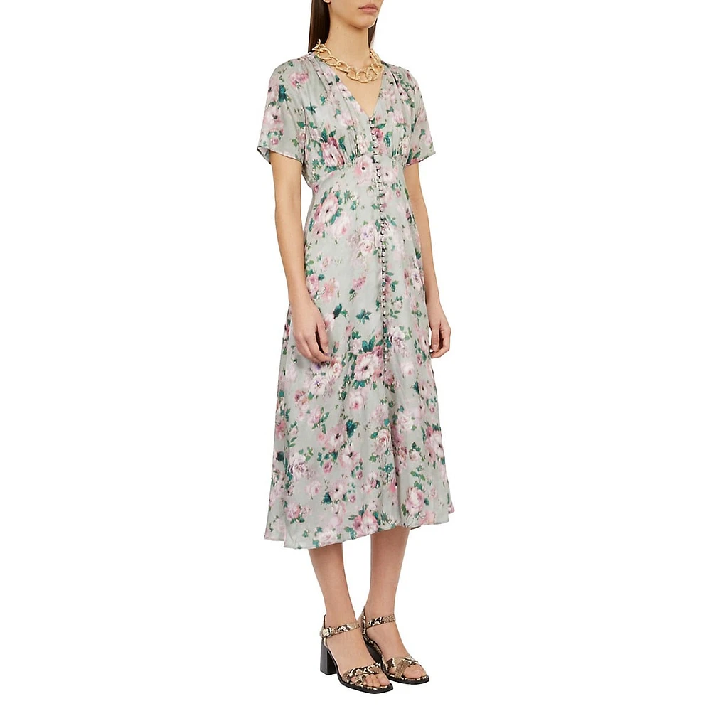 Floral Button-&-Loop Empire Midi Dress