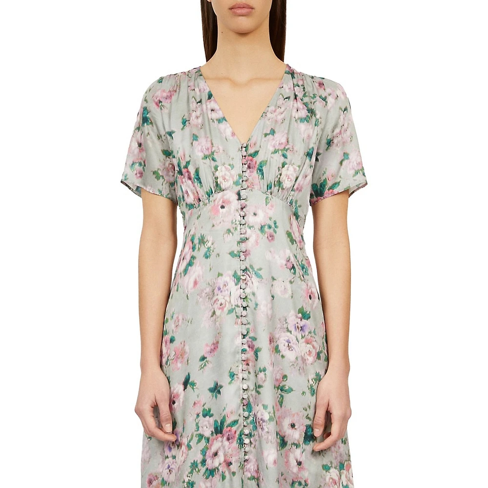 Floral Button-&-Loop Empire Midi Dress