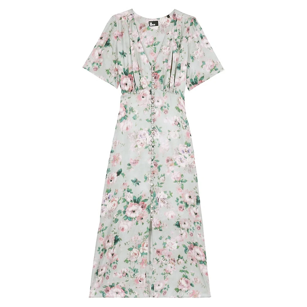 Floral Button-&-Loop Empire Midi Dress