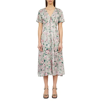 Floral Button-&-Loop Empire Midi Dress