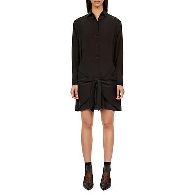 Silk Tie-Front Draped Mini Shirt Dress